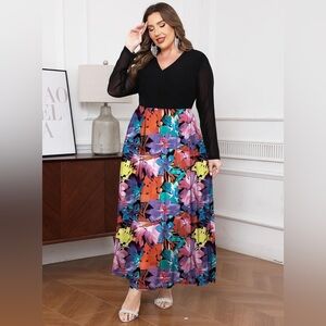 Floral Print Mesh V Neck Dress Long Sleeve Flowy Maxi Dress Sz: 3X NWT Plus Size